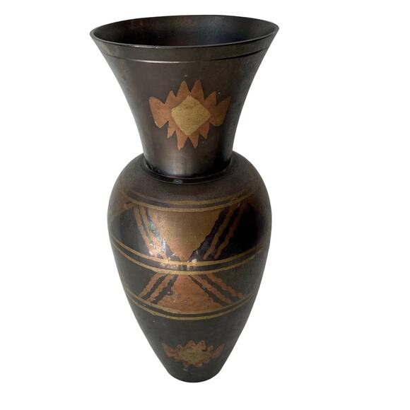 BRASS Vase Natural Patina Tri Color Aged Aztec or Native Amer. Indian Design - Picture 2 of 8